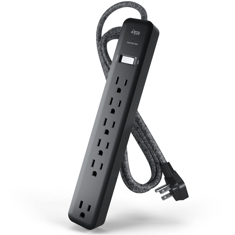 KMC 6-Outlet Surge Protector Power Strip 6 ft Cord 1080J Power Surge Protector Braided 6-Foot Long Extension Cord with Multiple Outlets Power Strip Surge Protector 6 Power Outlet Flat Plug Black
